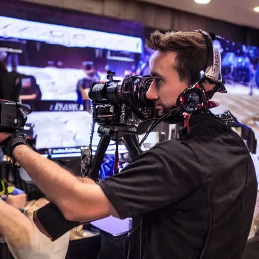 Image similar to ruggedly handsome gimbal camera operator getting the action shot at a video game tournament. photorealistic, high quality, intricate details