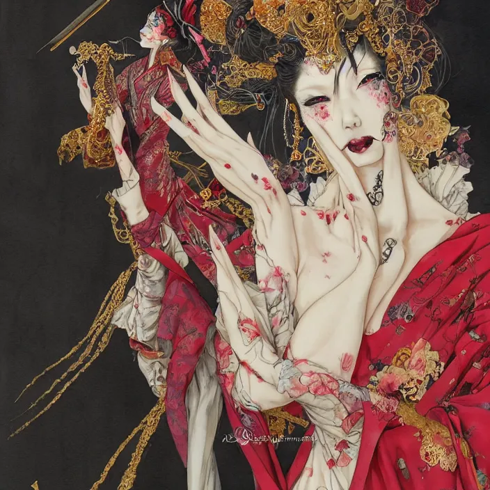 Image similar to watercolor painting of avant - garde portrait of an asian bjd geisha vampire queen with a long neck in a victorian red dress painted by yoshitaka amano, daniel merriam, ayami kojima, intricate detail, artstation, artgerm, in the style of dark - fantasy, rococo, gold leaf art