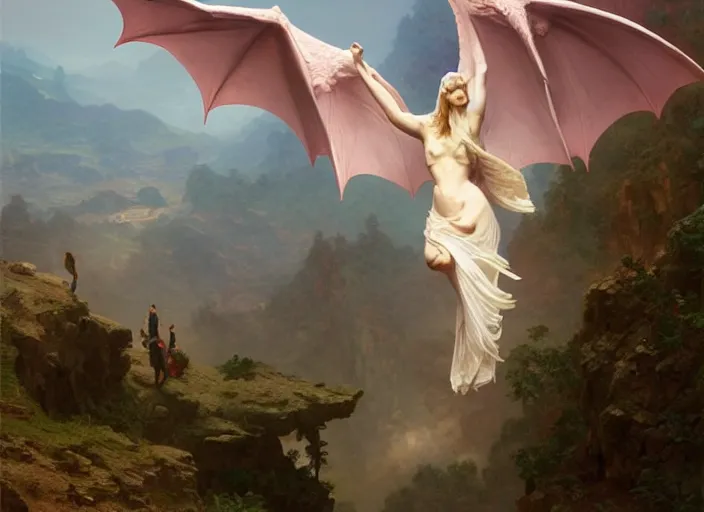 Prompt: A great dragon bird soars above a mountain, by Ruan Jia and Mandy Jurgens and William-Adolphe Bouguereau, Artgerm, intricate, elegant, digital painting