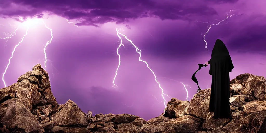 Prompt: the grim reaper standing on a rocky mountain shredding a guitar in a thunderstorm on a purple sky, widescreen