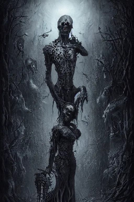 Image similar to horrible creature in a world of darkness and terror by Nekro ArstSation, Brom Art and Martin Emond Haunting, strange, beautiful and macabre