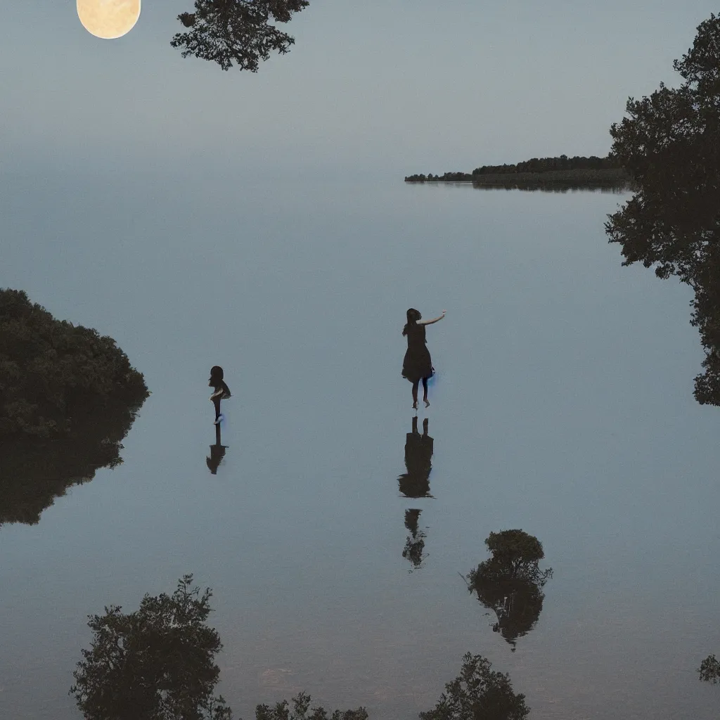 Prompt: a woman reaching for the moon reflected in the lake, point - of - view shot, digital art