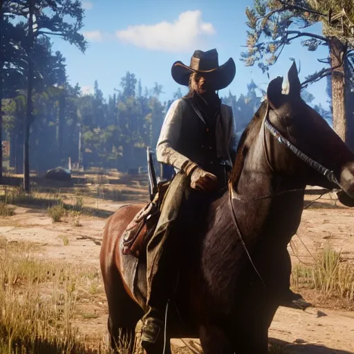 Image similar to raph fiennes stars as sadie adler in the playstation 4 video game red dead redemption 2, high quality screenshot