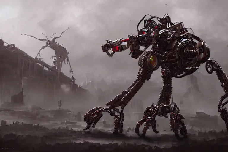 Image similar to apocalyptic a mechanical spider robot with guns digital painting, mixed media, trending on artstation and deviantart, epic composition, highly detailed, 8 k