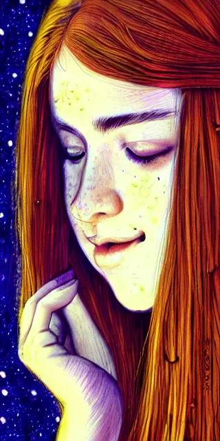 Image similar to infp young woman, smiling, amazed by golden fireflies lights, sitting in the midst of nature fully covered, long loose red hair, intricate linework, green eyes, small nose with freckles, oval shape face, realistic, expressive emotions, dramatic lights, spiritual scene, hyper realistic ultrafine art by cecco del caravaggio and artgerm