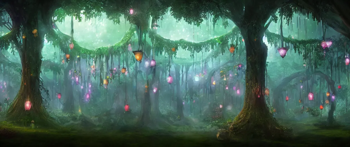 Image similar to a digital painting of a magical fantasy forest, large magical trees, magical flowers, hanging lanterns, volumetric lighting, mystical, evening, concept art, trending on artstation, matte painting, high detail, high quality