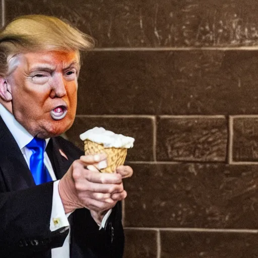 Prompt: donald trump eating an ice cream in his jail cell with other trump's wearing paper clothing