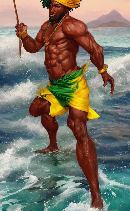 Image similar to character concept of a singular Jamaican fisherman posing in a battle stance in the Jamaican sea, colors of Jamaica, full-body character concept, cinematic, by Ross Tran and Artgerm and Peter Mohrbacher