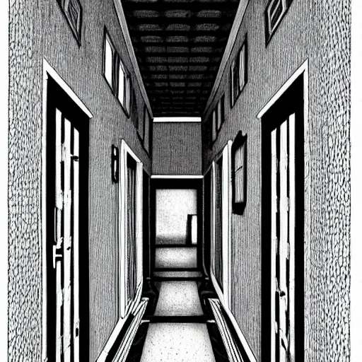 Image similar to a terrifying dark hallway with many doors and many stairs, impending doom, horror, Mc Escher architecture, epic composition, by Junji Ito