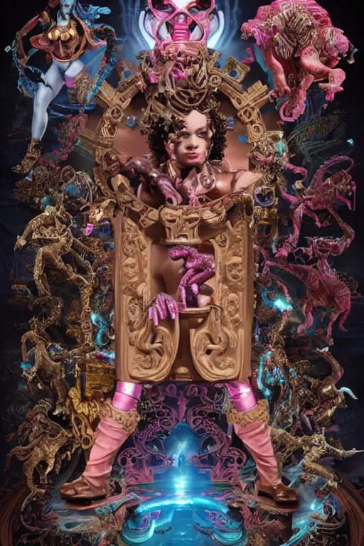 Image similar to full-body rococo and cyberpunk style sculpture of a young seductive Latino prince half android with a chest exposing circuitry, glowing pink seductive laser eyes, crown of blue gears and diamonds, swirling salmon-colored silk fabric, robotic raptors dinosaurs. baroque elements. full-length view. intricate artwork by caravaggio. art by Artgerm and Greg Rutkowski and Alphonse Mucha, Trending on artstation, cinematic industrial lighting, hyper realism, octane render, 8k, depth of field, 3D