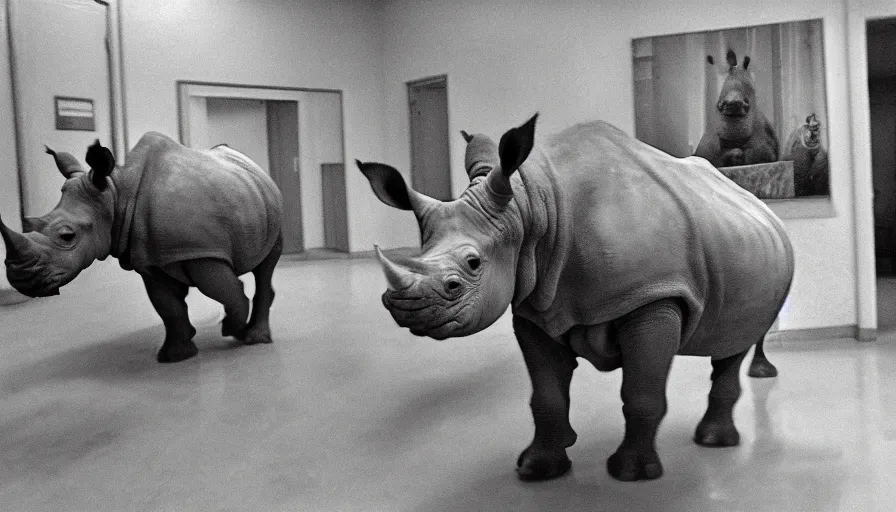 Prompt: a rhinoceros in a stalinist style hospital, by mini dv camera, very very low quality, heavy grain, very blurry, accidental flash, webcam footage, found footage, security cam, caught on trail cam