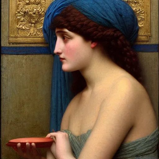 Prompt: Hello there! in the style of Thomas Cooper Gotch, John William Godward, Edgard Maxence, 1895, oil on canvas