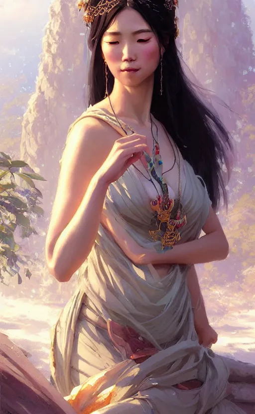 Image similar to a beautiful taiwan goddess with sundress with jewelry | | winter, realistic shaded, unpleasant face, good looking, fine details, realistic shaded lighting poster by greg rutkowski, magali villeneuve, artgerm, jeremy lipkin and michael garmash and macoto takahashi