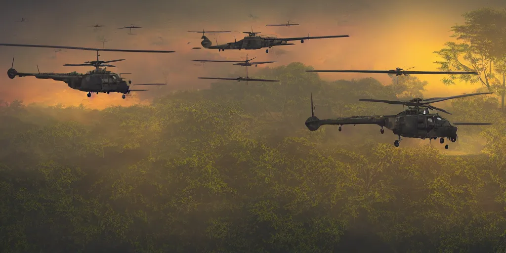 Prompt: Painting of vietnam Huey Helicopters, above a forest, orange sun set, abstract, realism, 8k, detailed, octane render, glow