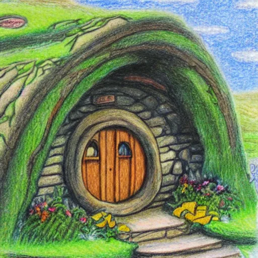 Prompt: colored pencil illustration of a hobbit house in the shire, in the style of Tolkien