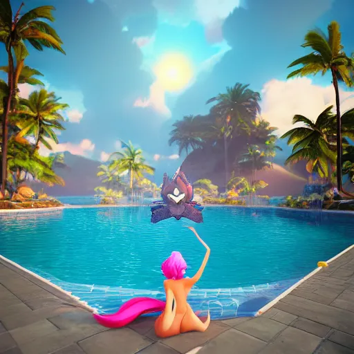 Prompt: pool party ahri catching the sun in hawaiian beach, ocean in the horizon, 3d render, octane render, 4k, very detailed, volumetric, instagram