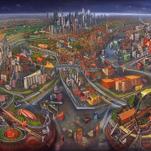 Image similar to a fantastic complex detailed painting of a chaotic city by Heironymous Bosch