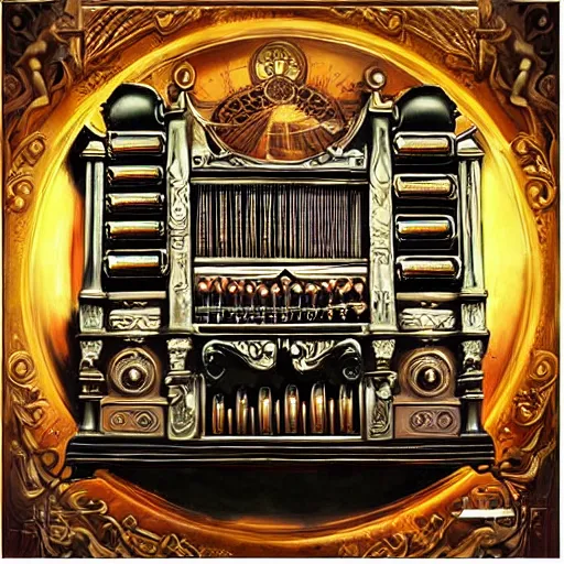 Prompt: steampunk pipe organ lp album art, intricate detail, mechanical, baroque oil painting