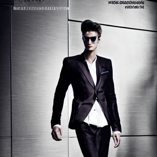 Image similar to male fashion model in year 2030 in Hamburg, model wearing a fancy suit from Giorgio Armani,dramatic lighting,photography , fashion magazine editorial , highly detailed