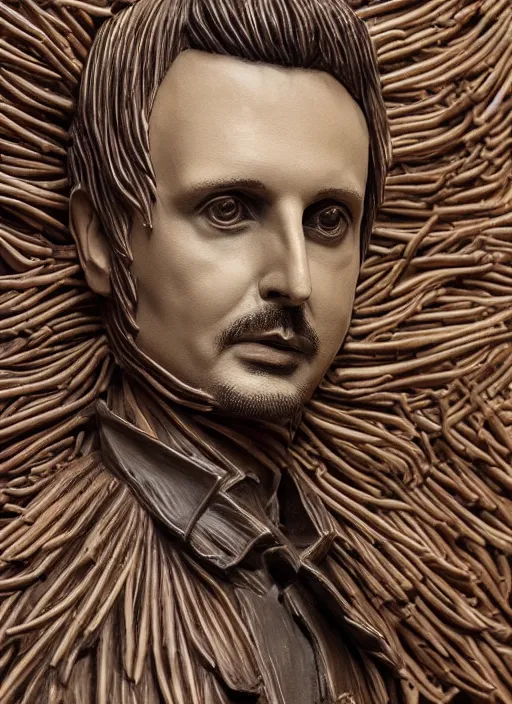 Image similar to sculpture of Matt Bellamy made of wood, portrait, female, future, wood, tree, harper's bazaar, vogue, magazine, insanely detailed and intricate, concept art, close up, ornate, luxury, elite, elegant, trending on artstation, by ruan jia, by Kenneth Willardt, by ross tran, by WLOP, by Andrei Riabovitchev,