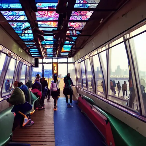 Prompt: Interior of Staten island ferry, marathon runners, epic atmosphere, dawn lighting, in style of peter mohrbacher, glowing windows.