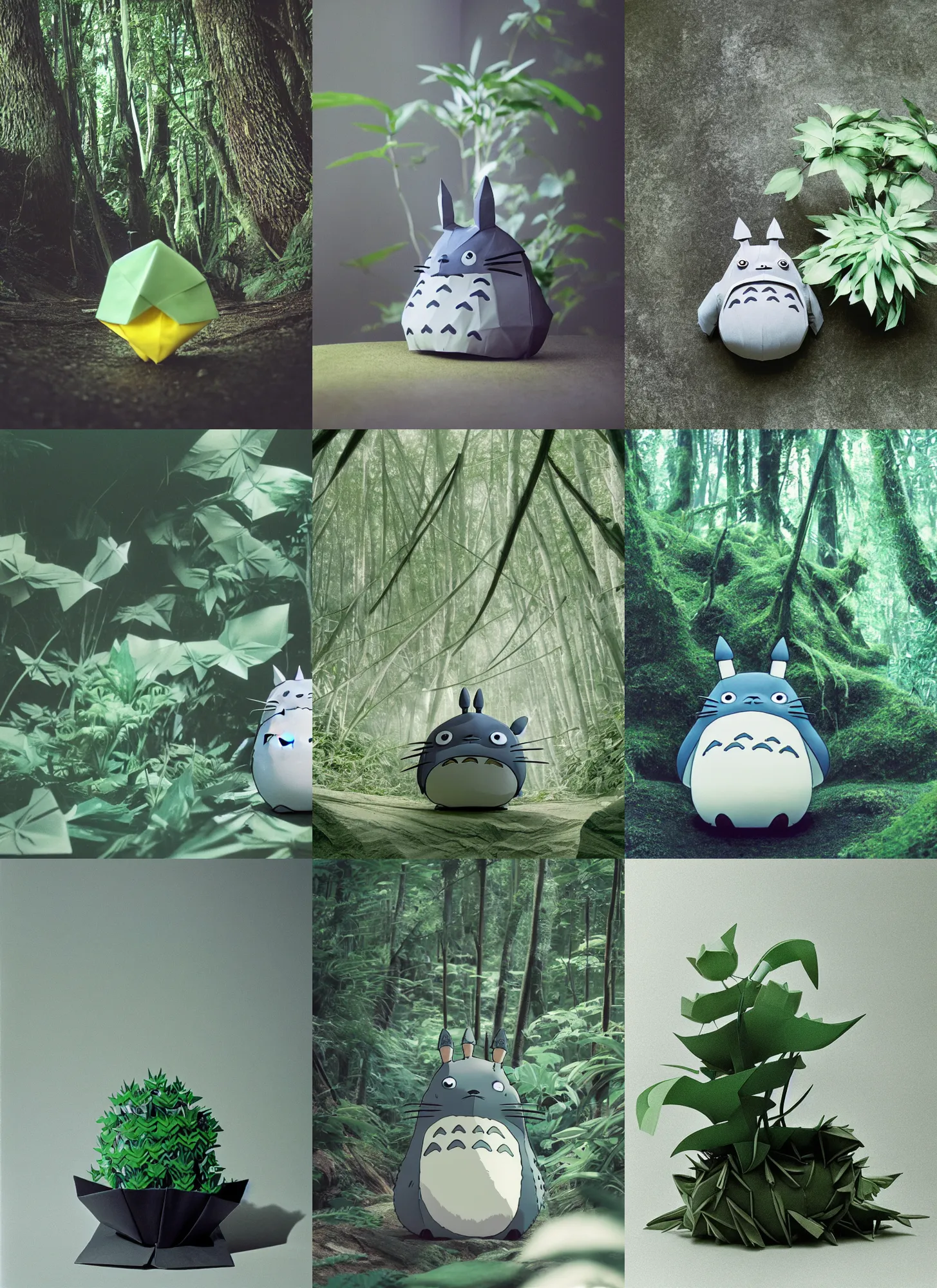 Prompt: totoro in film still zaha hadid forests with a full still life seinen manga commercial photo of real - life origami plant, perfect eyes, cinestill, 8 k