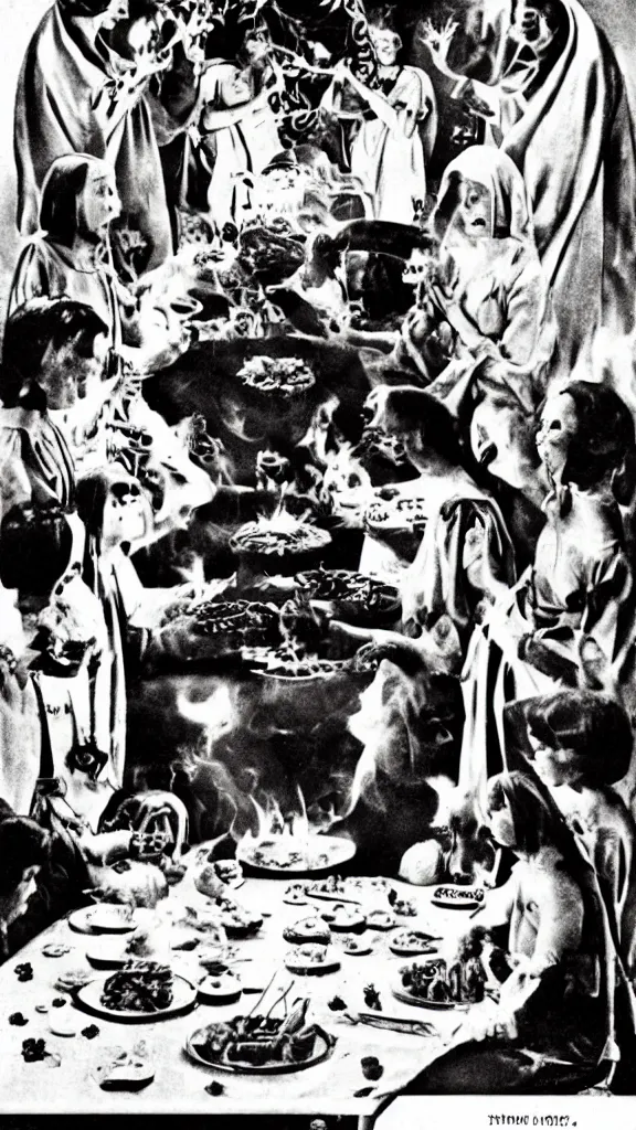 Image similar to occult satanic food ritual, 1 9 6 0 s food magazine photo
