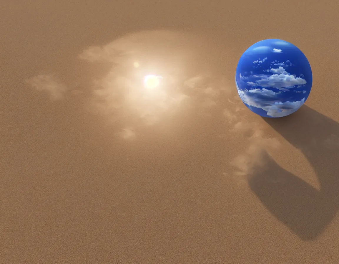 Prompt: 3 d rendering o photorealistic flying sandy beach sphere / planet, beautiful soft lighting, fluffy clouds