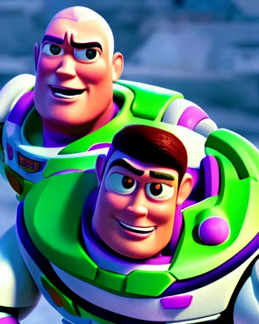 Image similar to Film still close-up shot of Dwayne Johnson as Buzz Lightyear in the movie Toy Story 3. Photographic, photography