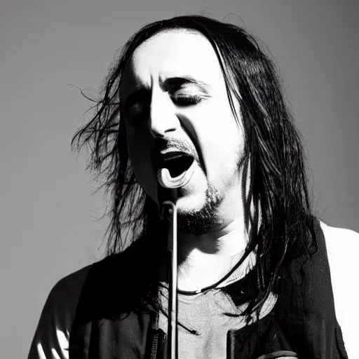 Image similar to black and white photographic portrait of daron malakian singing