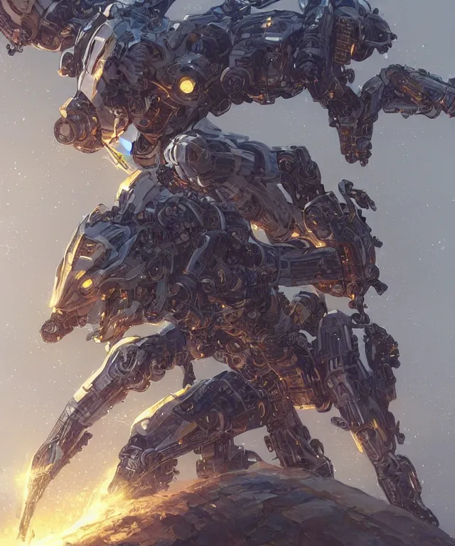 Image similar to a mech weretiger!!, subject centered in the frame, rule of thirds, golden ratio , scifi, intricate glowing mecha armor, elegant, highly detailed cybernetic body, flowing cloak, digital painting, artstation, concept art, smooth, sharp focus, illustration, art by Artgerm and moebius and Peter Mohrbacher