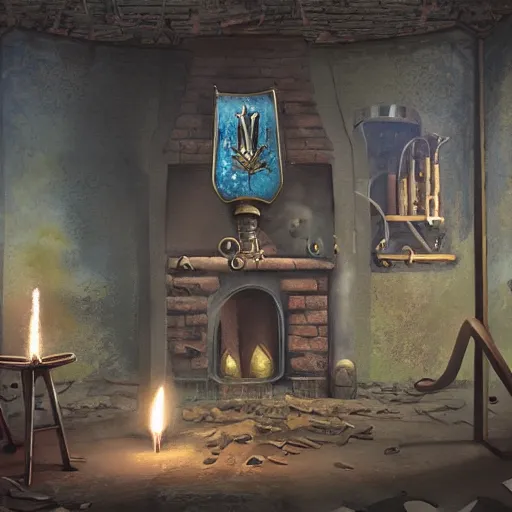 Image similar to abandoned alchemy lab, wizard hat on a stool, sword on the wall above a fireplace with embers in it, a picture of an ominous wizard on the wall