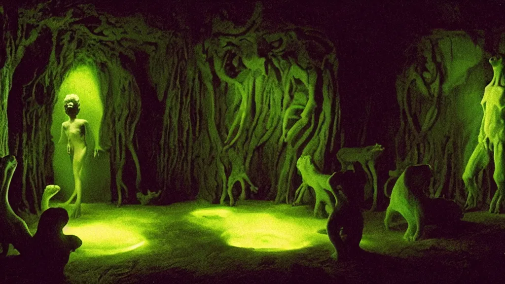Image similar to the creature in the basement, made of glowing wax and ceramic, surrounded by animals, film still from the movie directed by denis villeneuve and david cronenberg with art direction by salvador dali and zdzisław beksinski, wide lens