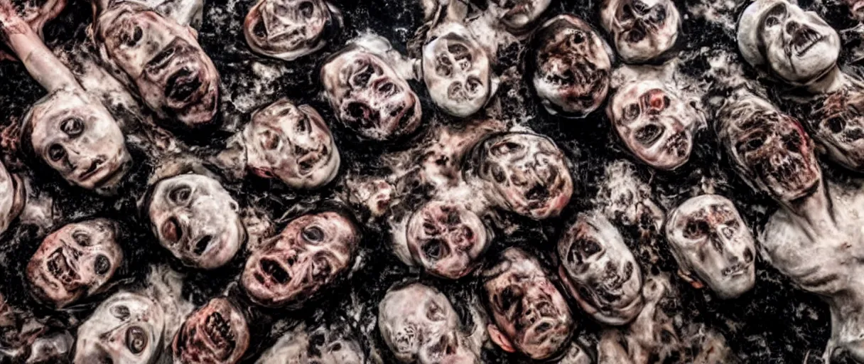 Image similar to filmic closeup dutch angle movie still 4k UHD 35mm film color photograph of a dozen burnt corpses with frozen pained expressions, on the floor of a a science lab , in the style of a 1980s horror film