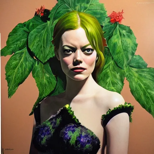 Image similar to portrait of emma stone as poison ivy, wearing a green dress and floral growths, epic details by alex ross