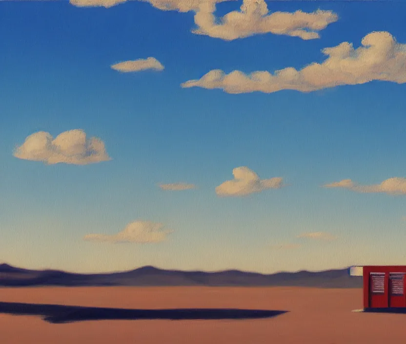 Prompt: a very detailed painting of one billboard in the empty desert, baby blue sky with very aesthetic stylized clouds, in the style of edward hopper, very small brushstrokes, 4 k,