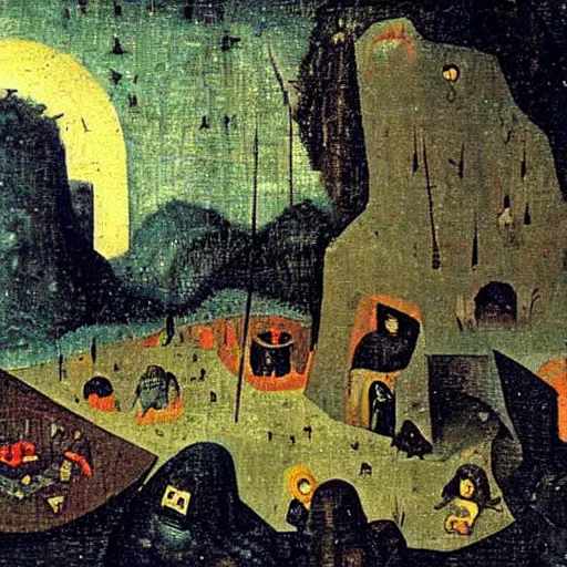 Image similar to night in a minecraft cave, by hieronymous bosch