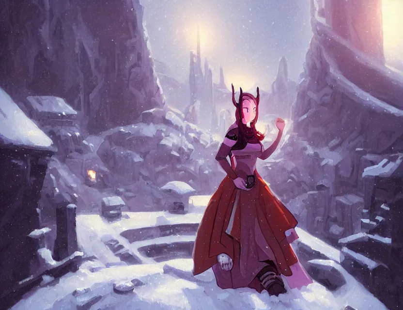 Image similar to viking scifi princess in a snowy mountain cafe, wearing a lovely dress with cyberpunk elements. this oil painting by the award - winning mangaka has an interesting color scheme and impeccable lighting.