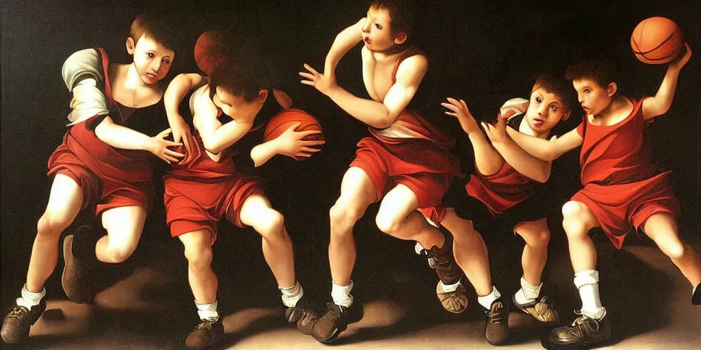 Image similar to beautifully detailed baroque oil painting of kids in the 90s playing basketball by caravaggio