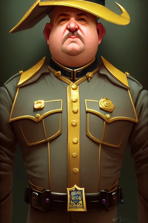 Prompt: a shifty fat high elf mall cop with a sheriff's badge with anatomically correct pointy elf ears, Oil Painting, hyperrealistic, octane render, Detailed Digital Art, RPG portrait, 3/4 bust, William-Adolphe Bouguereau, Michael Cheval, dynamic lighting, Highly Detailed, Cinematic Lighting, 8k, HD