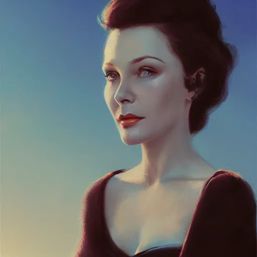 Image similar to a closeup portrait of a young vivian leigh, 1 9 7 0 s, city background, gorgeous view, sunset, film noir, depth, by seb mckinnon, by greg rutkowski, by igor kieryluk, digital art, trending on artstation