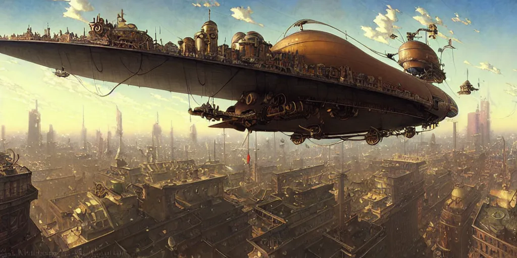 Image similar to steampunk airship above a busy city, exquisite details, denoised, mid view, by norman rockwell, karl kopinski, artsation, greg rutkowski, makoto shinkai, takashi takeuchi, studio ghibli