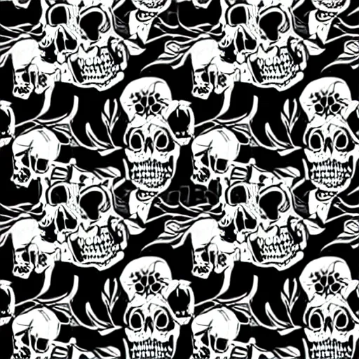 Prompt: seamless pattern showing skulls. black and white, drawing, white background, seamless, ornament.