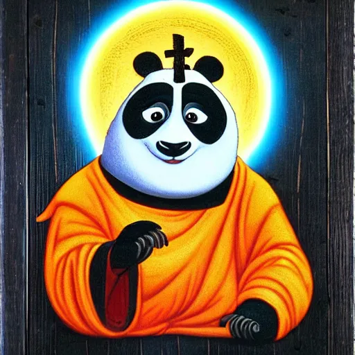 Image similar to a religious icon of kung fu panda with a halo, coal on wood, russia, 1 6 0 0