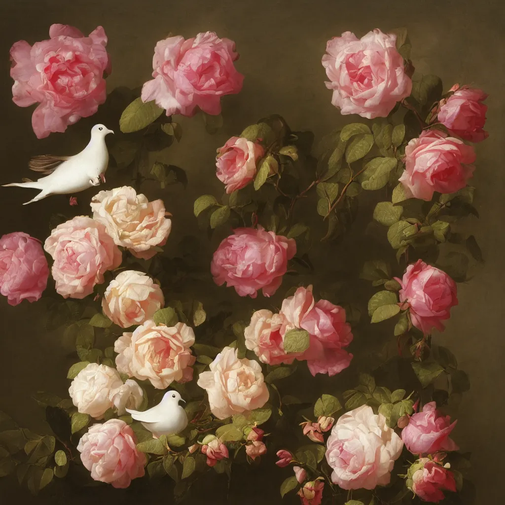 Prompt: a nosegay of roses, and a dove by rachel ruysch, 1 6 9 5