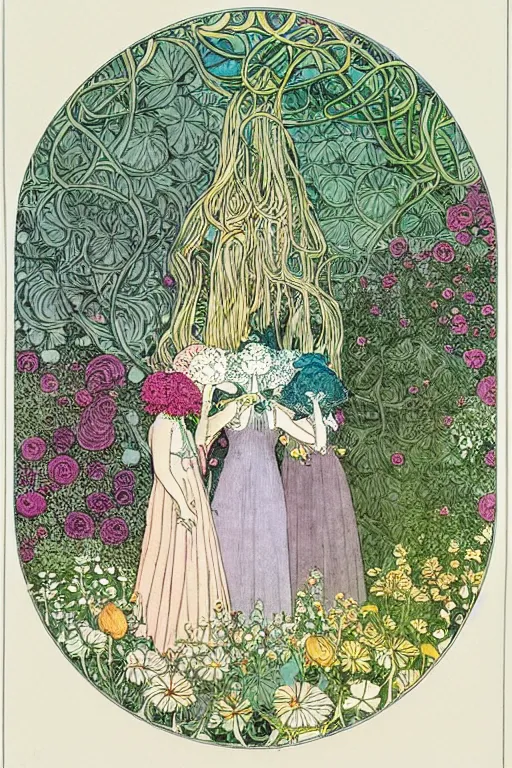 Prompt: three women holding hands in a circle with flowers growing around, flower frame, detailed art by kay nielsen and walter crane, illustration style, watercolor