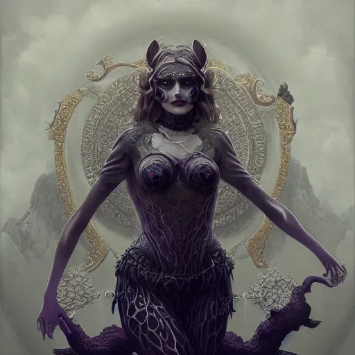 Image similar to tom bagshaw, soft painting fractal curiosities carnival, very beautiful female mutation tigress in full nightshade gothic armor, accurate features, focus, very intricate ultrafine details, black white purple volumetric clouds, award winning masterpiece, octane render 8 k hd