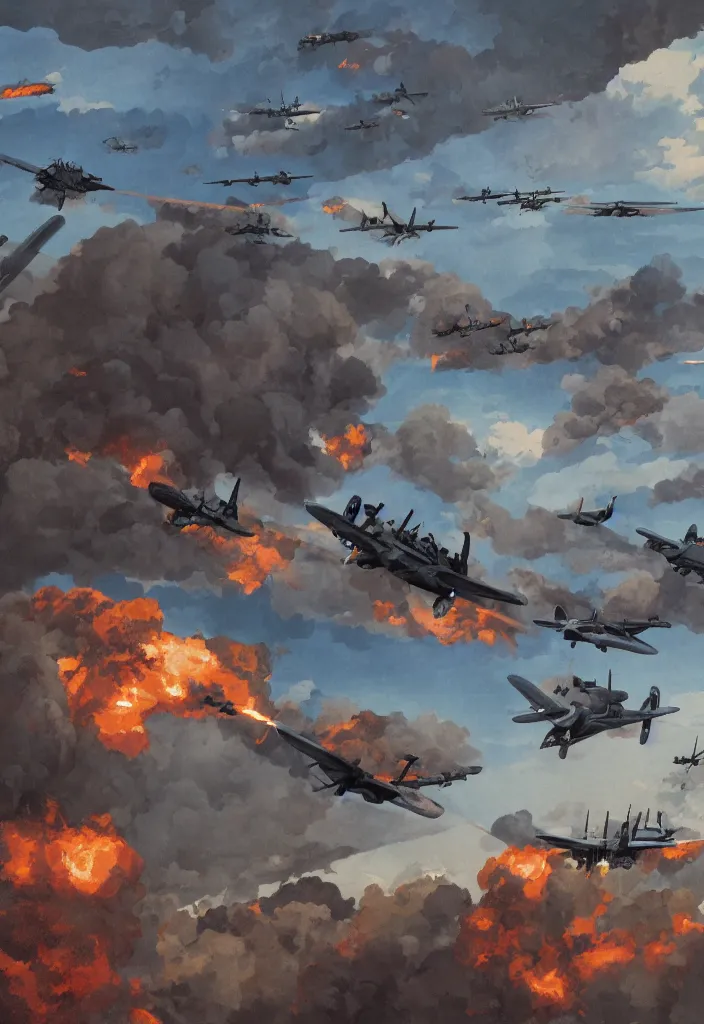 Image similar to handmade illustration of an epic World War I air scene with only two 1914 airplanes fighting, some smoke and fire, blue sky with dramatic clouds, line art, ballpoint, oil on canvas by Kilian Eng and by Jake Parker, heavy brushstrokes, winning-award masterpiece, fantastic, octane render, 8K HD Resolution, High quality image