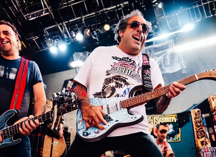 Prompt: photo still of brad garrett on stage at vans warped tour!!!!!!!! at age 3 3 years old 3 3 years of age!!!!!!!! shredding on guitar, 8 k, 8 5 mm f 1. 8, studio lighting, rim light, right side key light