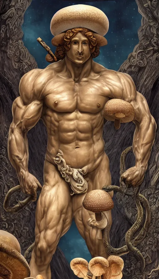 Prompt: a masterpiece hyperdetailed dnd tarot card, magnificent mushroom deity as depicted in a colossal greek marble statue ( with godlike bodybuilder physique ), hd tarot card depicting monumental statue of a dignified mushroom god with cute large mushroom hat, hdr, 8 k, artstationhq, digital art